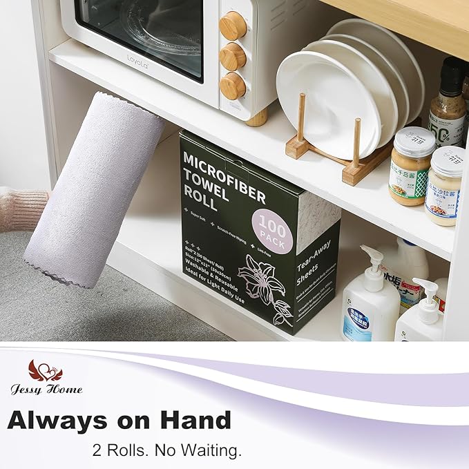 Jessy Home 2 Roll Reusable Paper Towels,100 Sheets Tear Away Microfiber Cleaning Cloth, Lint Free Cleaning Rags for Kitchen, Dishcloth,Household Cleaning Supplies