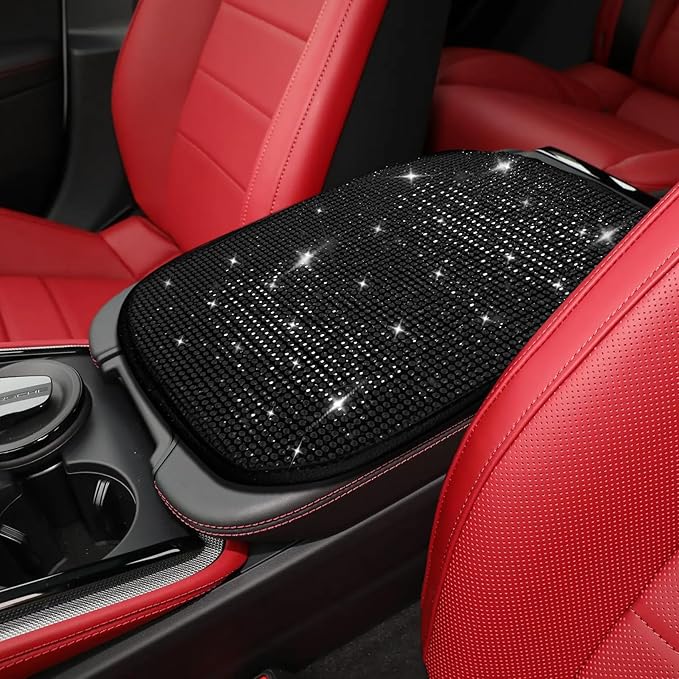 Bling Car Center Console Cover, Car Armrest Cover, Diamond Rhinestone Auto Center Console Cover Protector, Universal Arm Rest Cushion Pads Car Interior Accessories for Vehicles, SUVs (Black)