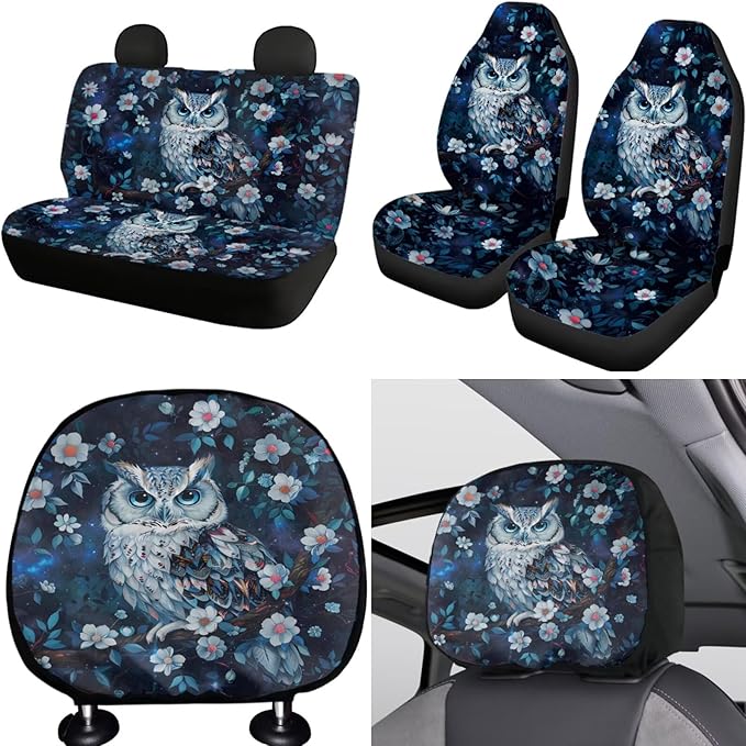 FKELYI Floral Owl Headrest Covers with Steering Wheel Protector for Women Car Seat Cover, Gear Shifter Knob and Handbrake Cover Set, Cup Coasters