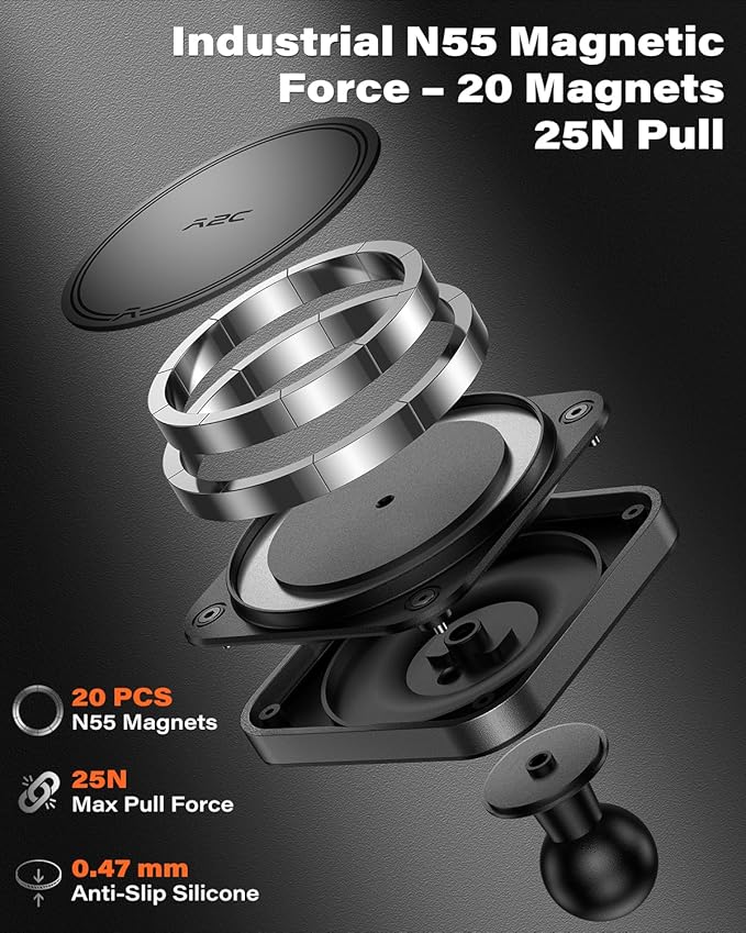 APPS2Car Heavy Duty Magnetic Cup Phone Holder Mount | Aluminum Arm | Dual Ring N55 Magnets | Fits 3"-4" Cup Holders, 20mm Ball Joint | Compatible with MagSafe iPhone, Samsung, Smartphones