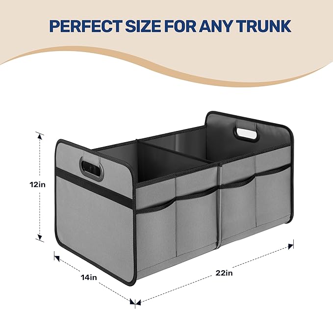 YSSOA Trunk Organizer for Car/SUV/Truck, Collapsible 2 Compartment Automotive Storage Box, 600D Waterproof Oxford Polyester 50L Travel Accessories, Anti-slip & Leak-proof, Grey