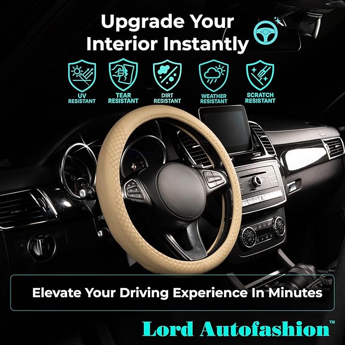 Lord Autofashion Steering Wheel Cover – PU Leather, Non-Slip Rubber Inner, All-Season Comfort – 14.5–15 Inch (Beige 9283)
