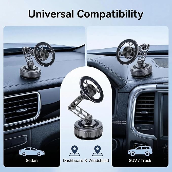 Vacuum Suction Car Phone Mount [80LBS Strong Suction & 3-Section Long Arm] Magnetic Dashboard Holder for Car, 360° Rotation Stand with Metal Ring for iPhone 17 16 15 14 13, Samsung & All Phones