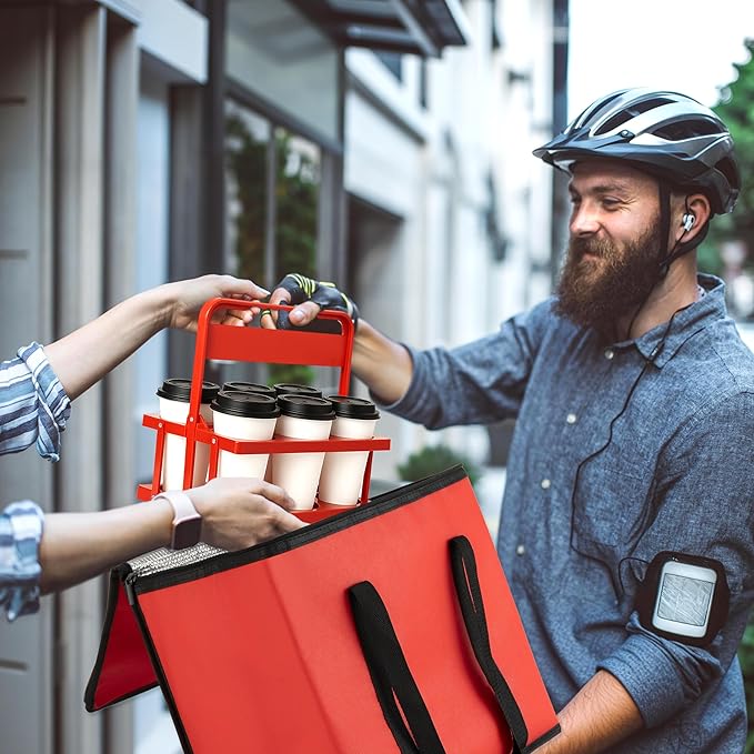 Reusable 6 Cup Drink Carrier with Handle and Insulated Food Delivery Bag, Portable Plastic Cup Caddy, 26L Grocery Cooler Box for Car Delivery, Travel, Picnic