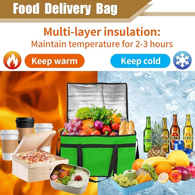PEASUG Insulated Bags for Food Delivery, XXXL Pizza Delivery Bags, Large Capacity Cooler Bag Keep Food Warm for Grocery Shopping and Catering, Foldable, Heavy-Duty (Green)