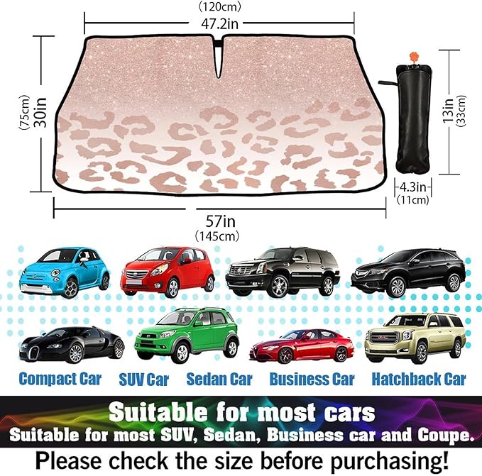 Socira Rose Gold Leopard Car Windshield Sunshade Umbrella Foldable Umbrella Cute Sun Shade Windshield Cover Sunshade Leopard Print Car Accessories Keeps Cool (57" X 30")