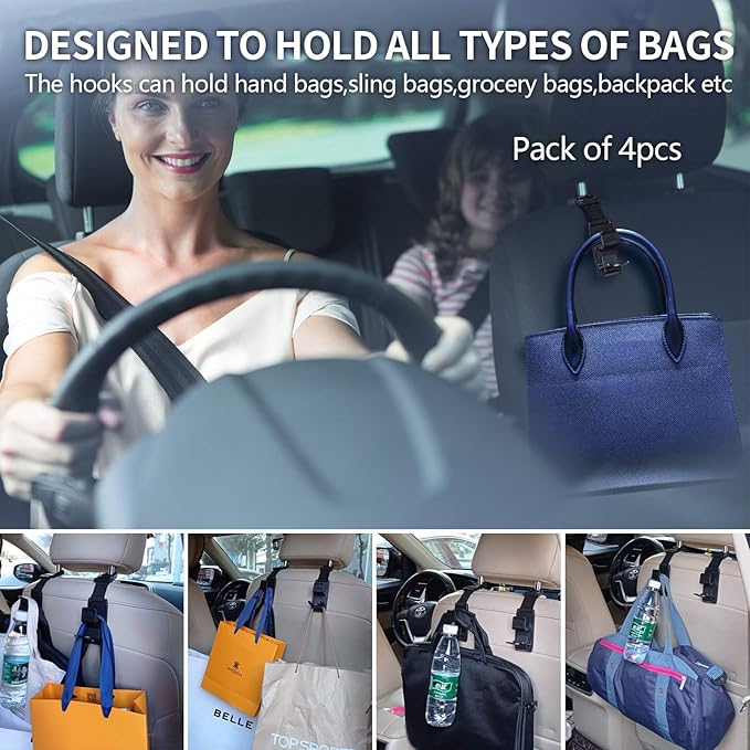 KOOPAO Car Seat Headrest Hook, 4 Pack Universal Car Storage Headrest Hanger Holder Hooks, Vehicle Strong and Durable Backseat Hanger for Handbag Purse Coat and Grocery Bag