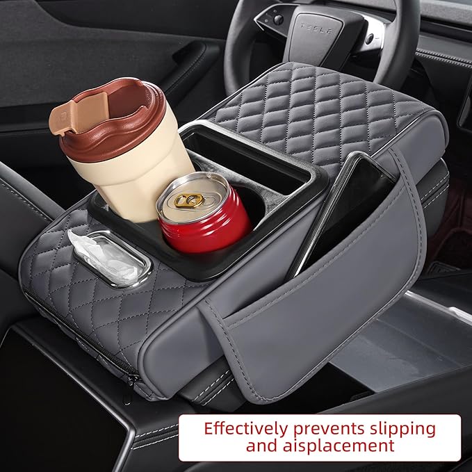 5 in 1 Car Center Console Cover, Armrest Pad with 2 Storage Pockets, Cup Holder, Tissue Box Slot, Phone Holder, Universal Car Interior Organizer (Gray)