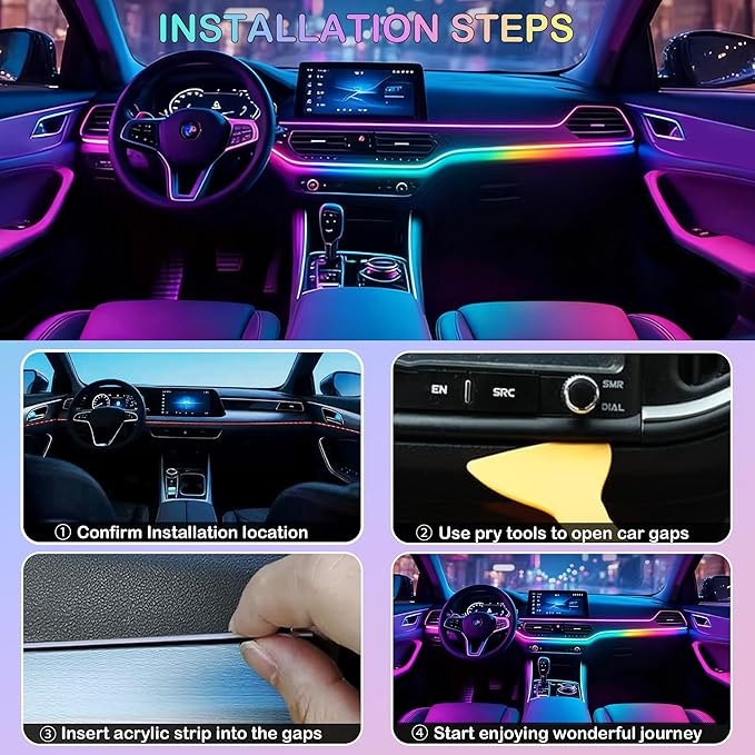 Interior Car LED Strip Lights, RGB 2 in 1 Dynamic Dreamcolor Chasing Acrylic LED Lights for Car, USB Powered Ambient Lighting Kits with Wireless APP, Sound Active Function Car Neon Lights (2 in 1)