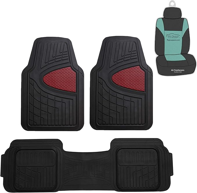 FH Group Automotive Floor Mats Tall Channel Burgundy Universal Fit Full Set Climaproof™ for Most Sedan, SUV and Trucks, Trimmable Rubber Combo Small Car Seat Cover Design Heavy-Duty Floor Mats