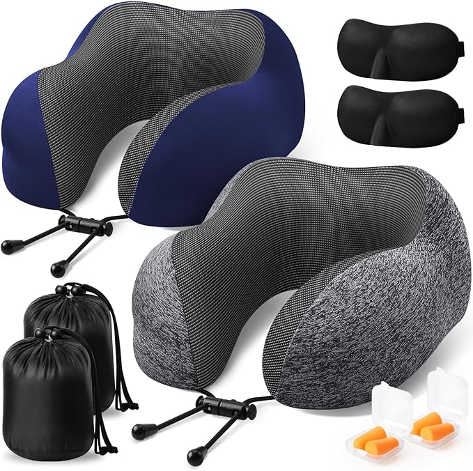 Travel Pillow, 2 Pack Travel Pillows for Sleeping Airplane, Neck Pillow Airplane, Memory Foam Neck Pillow Set with Eye Mask, Earplugs and Storage Bag -Grey & Blue