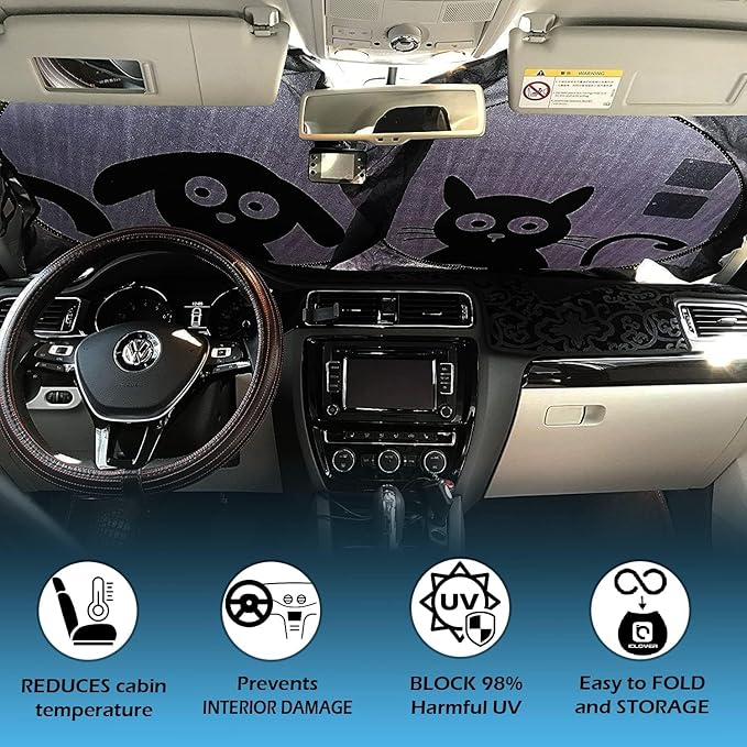 IC ICLOVER Car Windshield Sunshade with Pet Design, Cute Cartoon Design Front Auto Car Windshield Sun Shade Folding Silvering Sun Visor - UV Coating for UV Ray Deflector (Dog & Cat) - Small