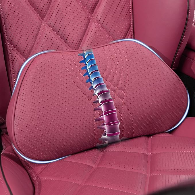 Lumbar Support Pillow for Car Seat, Office Chair Nappa Leather Memory Foam Lower Back Cushion for Back Pain Relief Improve Posture, Ergonomic Back Rest for Gaming Chair, Red, 1PC