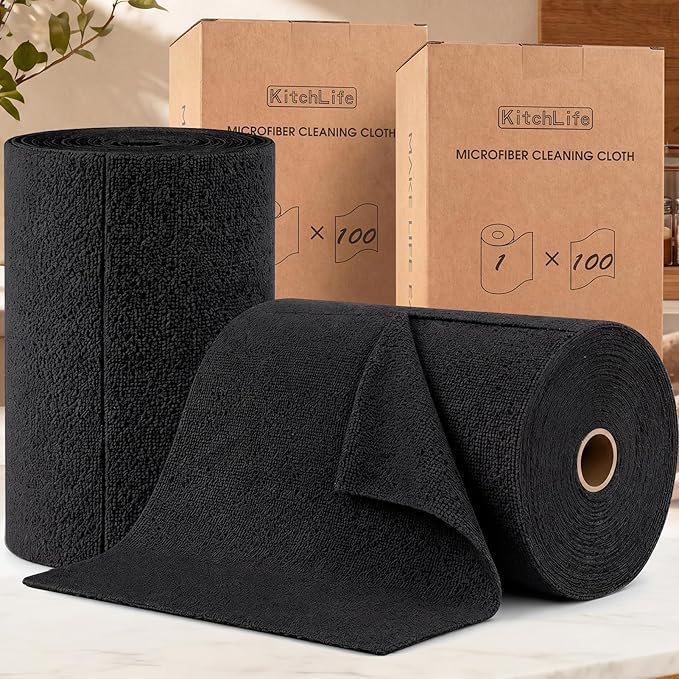 KitchLife Microfiber Cleaning Cloth Roll, 200 Pack - Tear-Away Microfiber Paper Towels, Lint-Free, Reusable, Washable for Kitchen, Car, Dishes, and Sensitive Surfaces (Black)