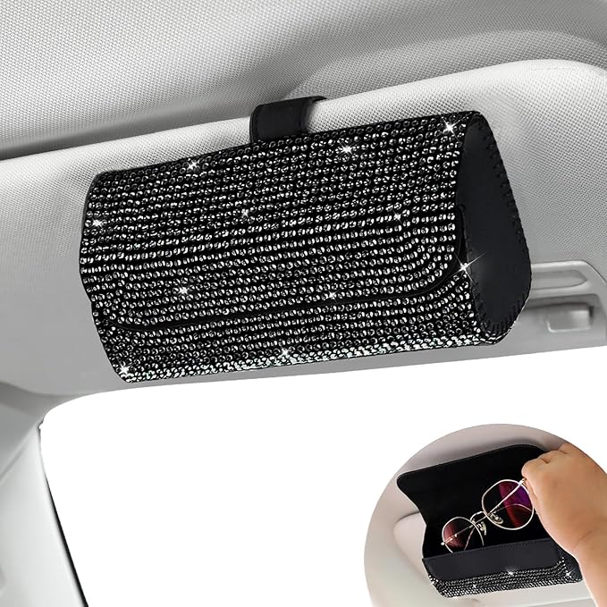 Accmor Bling Sunglasses Holder for Car Sun Visor, Sparkling Auto Glasses Clip Case Eyeglasses Protective Box, PU Leather Car Sunglass Storage Organizer for Truck, SUV, RV (Black Crystal)