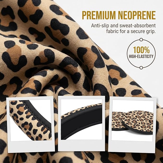 Brown Leopard Print Steering Wheel Cover Cheetah Animal Print Steering Wheel Cover Anti-Slip Breathable Universal 15 Inch Car with 2 Pieces Car Coasters Suitable for Men Women