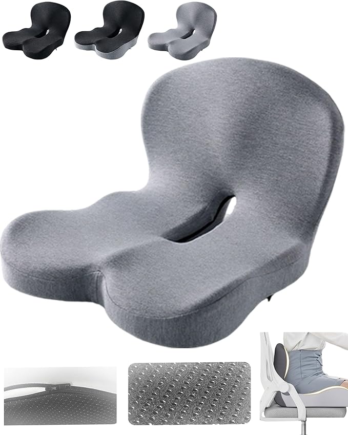 Orthopedic Cushion, Ergonomic Orthopedic Cushion for Tailbone Pain Relief, with Memory Foam, Car Seat Cushion with Waist Support, Non-Slip, Breathable, Washable Cover (Gray)