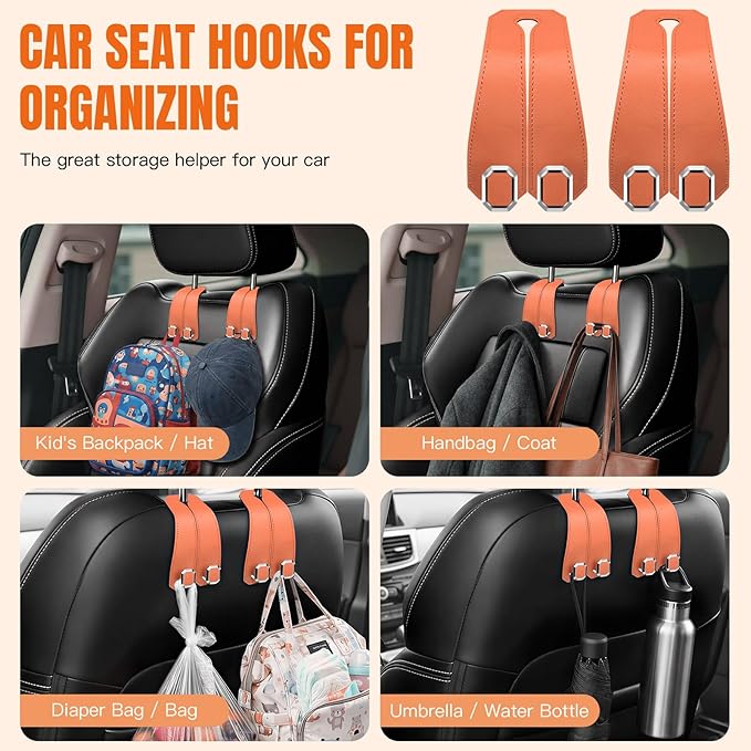 2PCS Car Hooks for Headrest, Faux Leather Purse Hook for Car Seat Back Organizers and Storage, Double Metal Purse Holder Bag Hanger, Universal Car Interior Accessories for Women Man