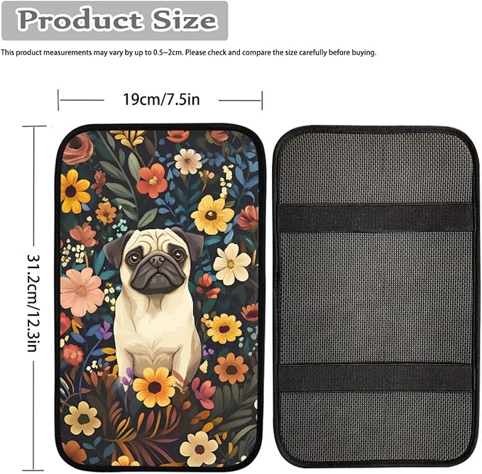 UNICEU Pug Floral Car Center Console Armrest Cover for Women Auto Interior Decor Neoprene Armrest Box Protector Cover Pad, Scratch Proof Non Slip Automotive Armrest Pads