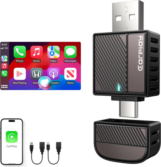 ByteWave CarPlay Wireless Adapter for Apple, Convert Wired to Wireless CarPlay Adapter for iPhone [Mini Size, USB-A & USB-C/Type-C, Plug&Play, No Delay], Compatible with Cars from 2016, Brown
