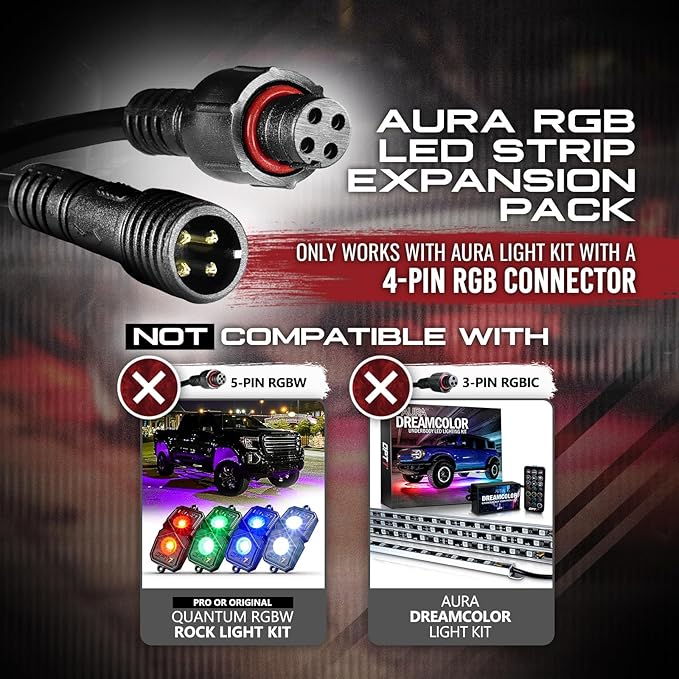OPT7 Aura Single Row Expansion Pack - 2pc 24” RGB Multicolor LED Strips w/Splitters and Extension Wires for Interior, Wheel, Grille, Engine Bay, Golf Cart, Boat, Car, Truck, Van, SUV Decor Lighting