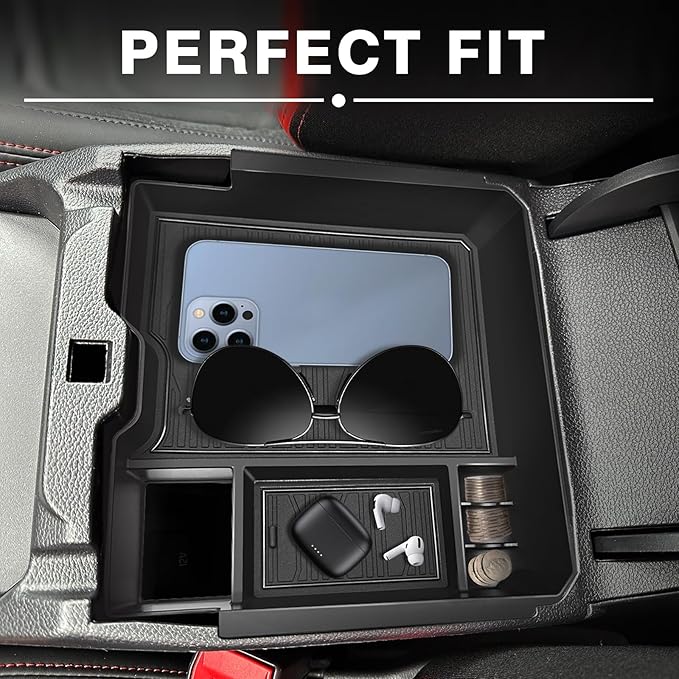 Muslogy Center Console Organizer Compatible with Ford Ranger XL XLT Lariat 2024 2025 2026 & Raptor Accessories Middle Console Storage Box Insert Tray ABS Material Divider with Insert Mats (Black)