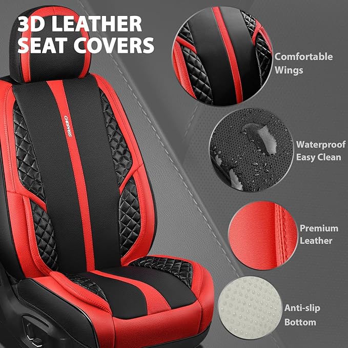 CAR PASS Nappa Leather Car Seat Covers Full Set Waterproof Protector Durable Cushioned,Universal Fit for Sedan SUV Pick-up Truck,Automotive, Anti-Slip and Backseat Luxury Premium(Black and Red)