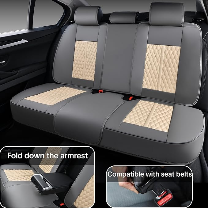 Car Seat Cover Set, Khaki Seat Covers, Automotive Interior Accessories, with Lumbar Support, Premium Nappa Leather, Protect and Upgrade Your Car Interior, Fits Suvs, Pickups, Sedans
