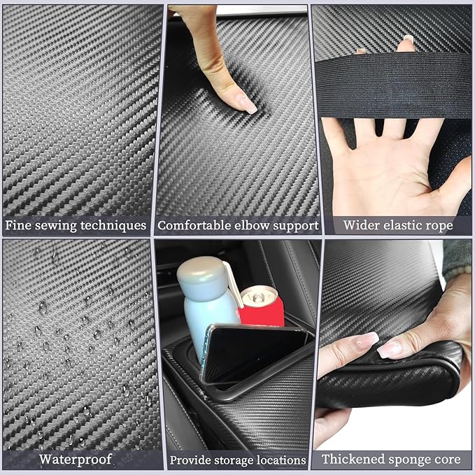 QianBao Car Center Console Carbon Fiber Pattern Armrest Box Booster Cushion with Cup Holder Mobile Phone Storage Protector Universal for Most Car