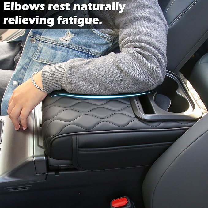 Upgraded Heightening Cup Holder Car Center Console Cover, Leather Car Armrest Cover Cushion with 2 Storage Bags,Car Armrest Storage Box Interior Accessories for Most Vehicles (Black)