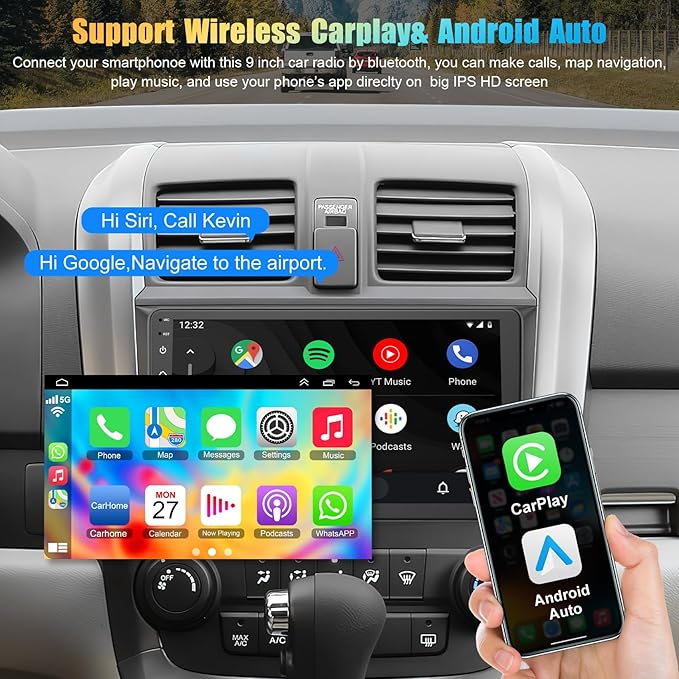 Car Radio Stereo for 2007-2011 Honda CRV | 9" QLED Touchscreen with Wireless CarPlay & Android Auto | 4G+64GB Fast Android 13 System | Built-in GPS, Bluetooth, Backup Camera & Steering Wheel Control
