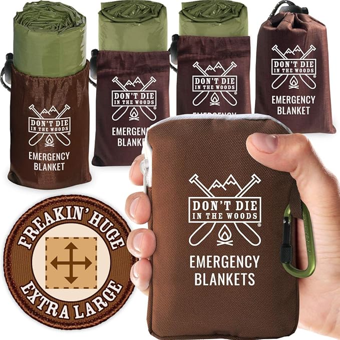 Don't Die In The Woods - Freakin’ Huge Emergency Blankets [4-Pack] Extra Large Thermal Mylar Space Blanket - One of The Ten Essentials Outdoor Survival Gear for Hiking Camping First Aid Kit (Green)