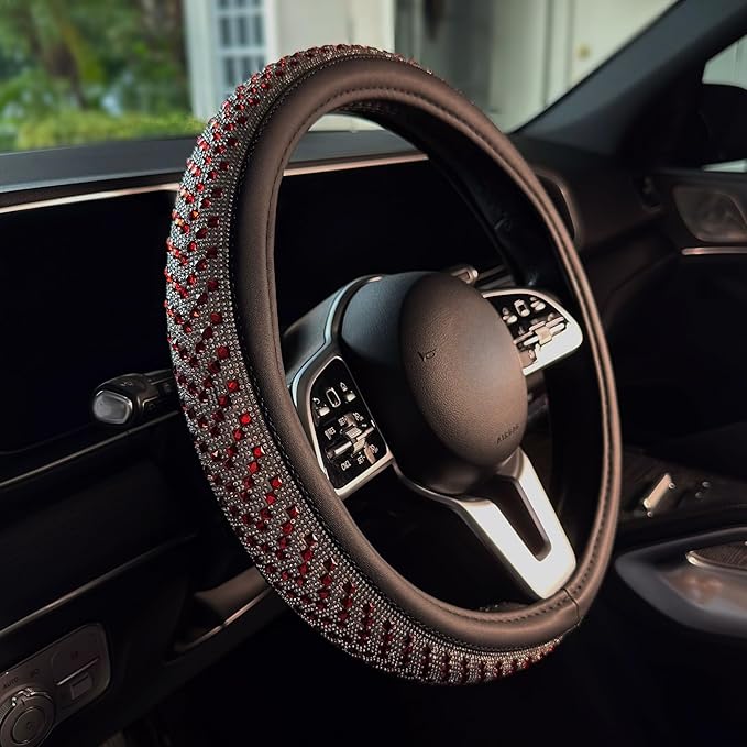 Lord AutoFashion 15 Inch Luxury Universal Steering Wheel Cover Rhinestone Crystals Anti-Slip Microfiber Leather for Women Girls Men Boys Car Accessory Bling Diamonds Red (JX06)
