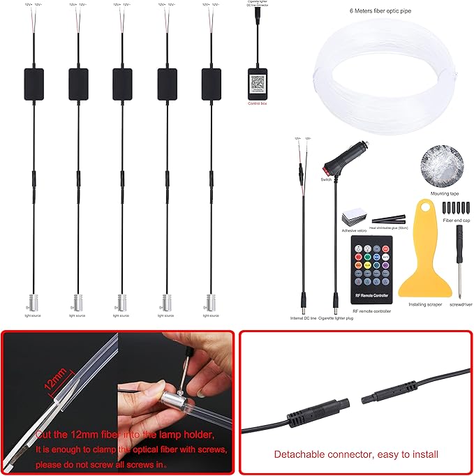 64 Colors Car Ambient Lighting Fiber Optic RF Remote + APP Control Multicoloured Music Car Atmosphere Decorative Lighting Kit 1W DC 12V-24V 6m