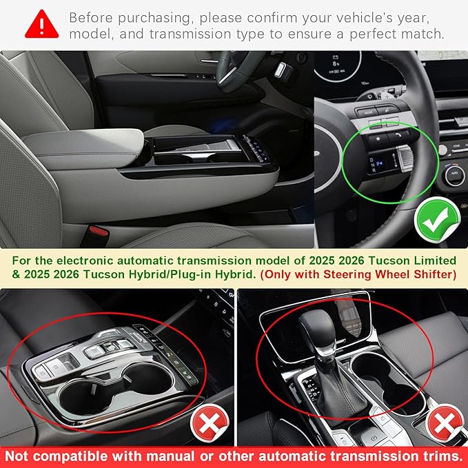 Center Console Organizer Compatible with 2025 2026 Hyundai Tucson Hybrid/Plug-in Hybrid/Limited Accessories (Steering Wheel Shifter ONLY), Armrest Storage Box Middle Console Insert Tray