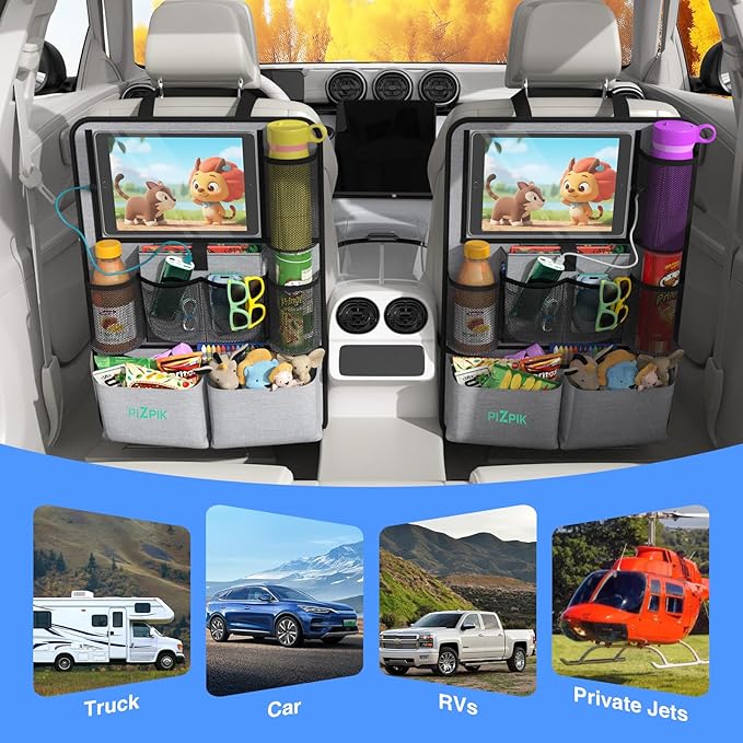 Plzpik Car Backseat Organizer with Tablet Holder,11 Storage Pockets with Foldable Food Tray, Protector Kick Mats for Kids, Travel Accessories Organizer (Gray, 2-Pack)