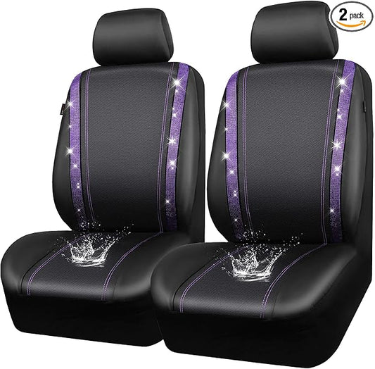 CAR PASS Leather Diamond Bling Car Seat Cover 2 Front Interior Sets, Waterproof Universal Shining Glitter Crystal Sparkle Fit for 95% Automotive Truck SUV Cute Women Girl, Black Purple Rhinestone