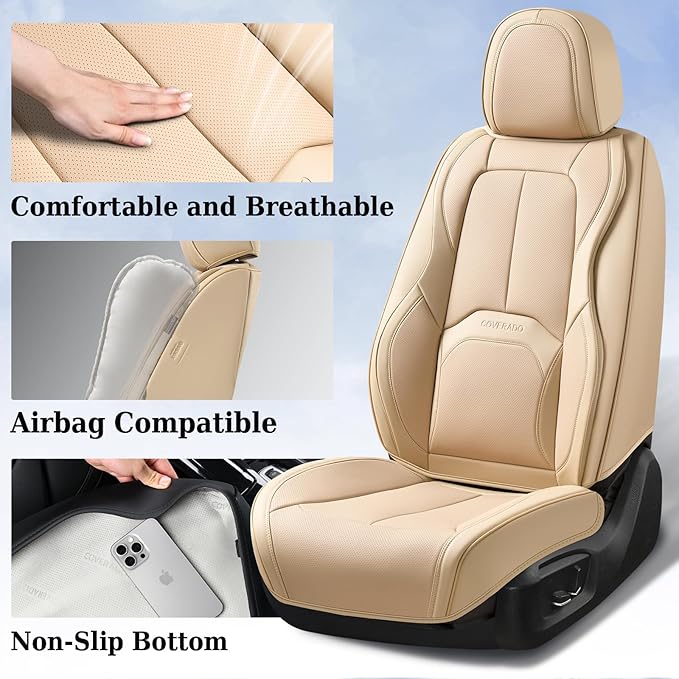 Coverado Seat Covers, Car Seat Covers Front Seats, Premium Nappa Leather Seat Covers for Cars, Waterproof Car Seat Protector with Lumbar Support, Front Seat Covers Universal Fit for Most Cars (Beige)