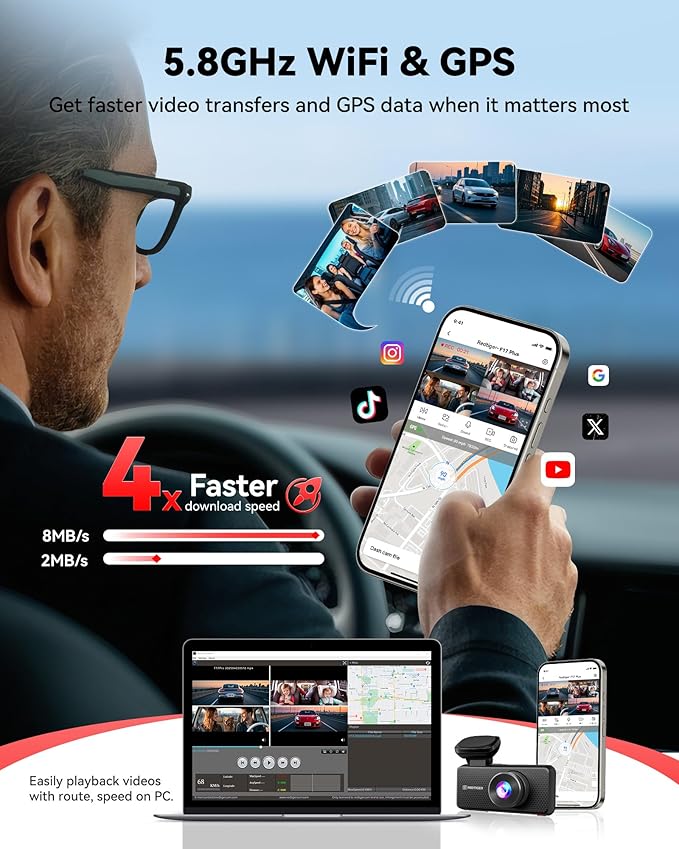 REDTIGER F17 Plus 4 Channel Dash Cam,STARVIS 2 IMX675, 360° Inside & Outside Recording, 2.7K Front + 1080P Cabin & Rear, 5.8GHz WiFi GPS, Voice Control, Touchscreen, Parking Mode, Free 128GB Card, HDR