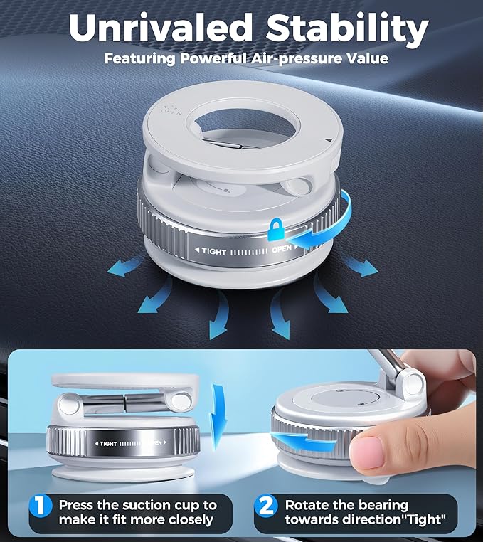 Vacuum Magnetic Phone Holder for Car 360° Adjustable Magsafe Car Mount - Compatible All Smart Device Phone Mount, Secure GPS & Call, Magsafe Accessories & Car Stuff (White)