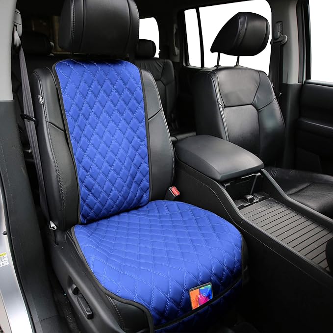 FH Group Car Seat Cushion – Faux Leather Single Front Seat Cover with Front Pockets, Airbag Compatible, Universal Fit Car Seat Cushion for Driver or Passenger Seat, SUV, Truck, Sedan & Van – Blue