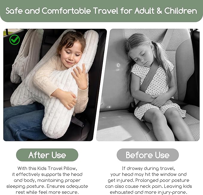 HIGOGOGO Washable Travel Pillow, Car Pillow for Kids & Adults, Upgraded Travel Pillows with Removable Soft Cover and High-Support Foam, Fix Neck and Body Sitting/Sleeping on The Trip, Beige