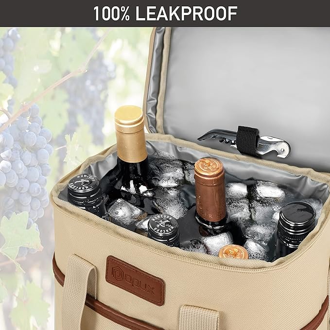 Opux 6 Bottle Carrier Tote | Insulated Padded Cooler Bag for Travel, Picnic, BYOB | Portable Leakproof Wine Tote for Dinner, Party, Christmas, Gift for Women, Men (Cream Beige)