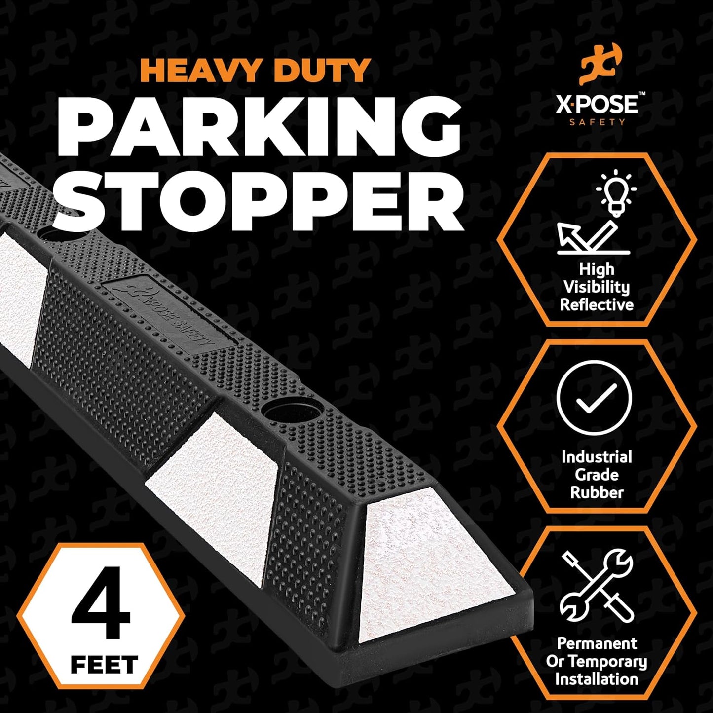 Xpose Safety 48" Heavy Duty Rubber Parking Stopper – 10 Pack Wheel Blocks for Garage, Driveway, or Ramp – Car Bumper Stop with White Reflective Strips – Removable Floor Mount