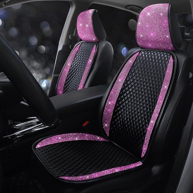 Luxury PU Leather Car Seat Cover Protector Bling Rhinestones Diamond Front Auto Seat Protector Pad for Girls Women or Ladies Auto Sparkling Crystal Universal Interior Accessories Pink 2Seats