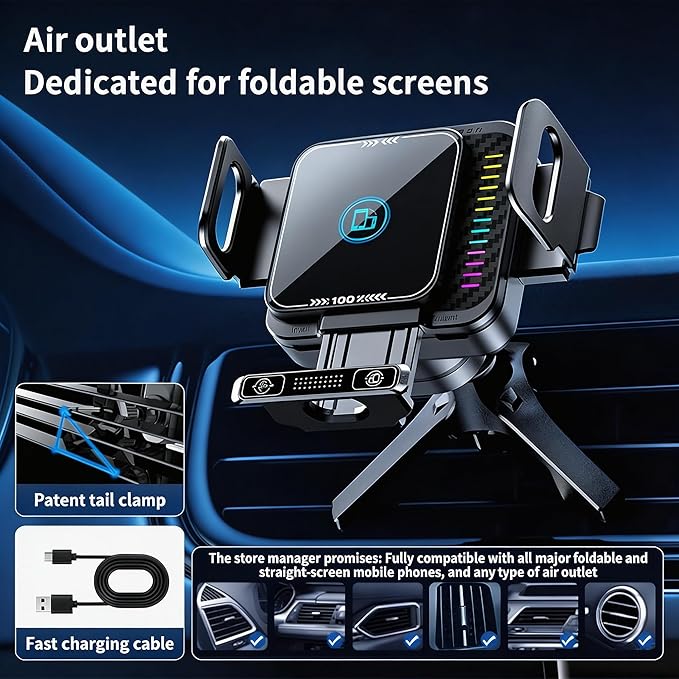 Wireless Car Charger, 15W Wireless Charging & 66W Type-C Fast Charging, Car Phone Holder Mount for iPhone 17/16/15/14/13, iPads, Samsung Galaxy Z Fold/Flip, S25/S24/S23, Google Phone