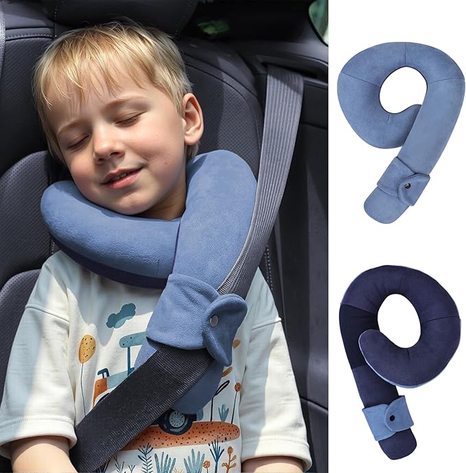 Kids Travel Neck Pillow, Toddler Travel Pillow for Car & Airplane and Head & Chin Support, Comfortably Travel Neck Pillow for Road Trip Sleeping, Gifts for Toddler/Child/Kids (Light Blue & Dark Blue)