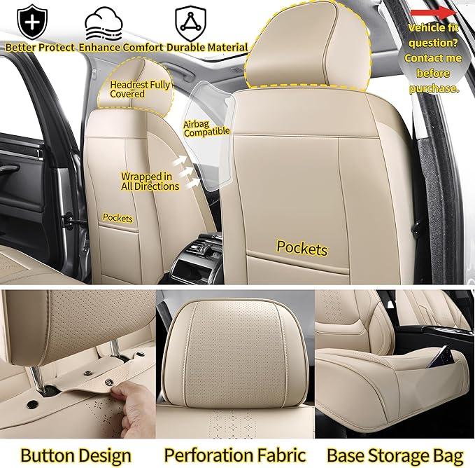 Chezope Car Seat Covers Full Set, Beige Leather Seat Covers, Breathable Front and Back Car Seat Protectors, Wear-Resistant Seat Covers Universal Fit for Most Cars SUV Truck (Beige-Solid, Full Set)