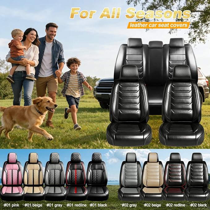Fit Ridgeline Car Seat Covers for Select Honda Ridgeline 2007-2025 2026 - Premium Full Coverage Leather, Airbag Compatible, Waterproof & All Weather Seat Cushion Protector, Full Set, Black