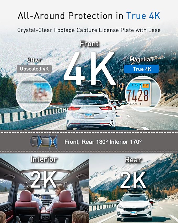 MAGELLAN DR50 3 Channel Dash Cam, 4K+2K Front Cabin Rear, Night Vision, Wide-Angle (170°), STARVIS 2 IMX678, Strong Mount, GPS, Wi-Fi App Control, 24H Parking Mode, Fatigue Alert, 64GB Card Included